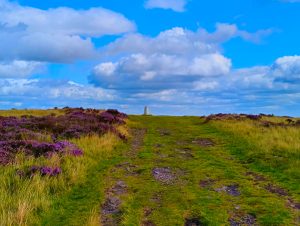 An enhanced photograph of a grass path in moorland leading to a trig point on the horizon. There is purple heather surrounding it.