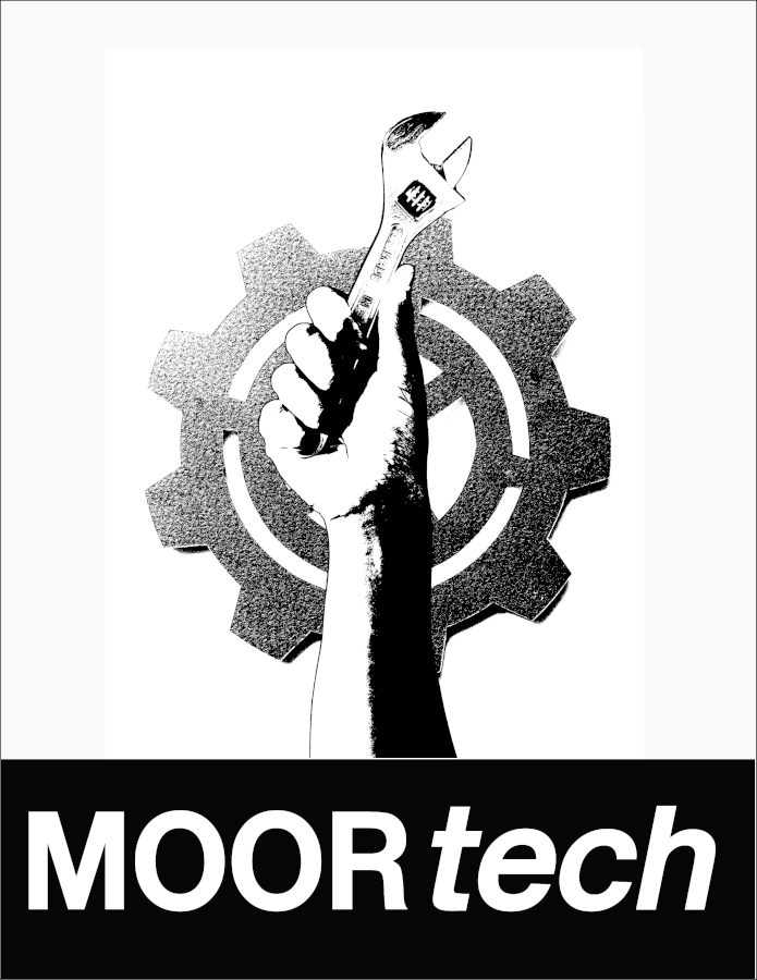 A black and white image of a hand holding an adjustable spanner with a stylised cog in the background  and the words 'moor tech'